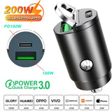 Car 100-200W Dual Port Mini USB Charger Ultra Fast Charging Cigarette Lighter Socket 12-24V Aluminum Cell Phone Charging Adapter