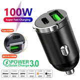 Car 100-200W Dual Port Mini USB Charger Ultra Fast Charging Cigarette Lighter Socket 12-24V Aluminum Cell Phone Charging Adapter